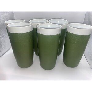Set Of 6 Olympian Vintage Avacado Gree Tumblers With White Trim & Geometric Patt